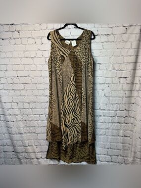 Vtg 90s Y2K Disney World Animal Kingdom Print Brown Tan Flowy Maxi Dress Size XL